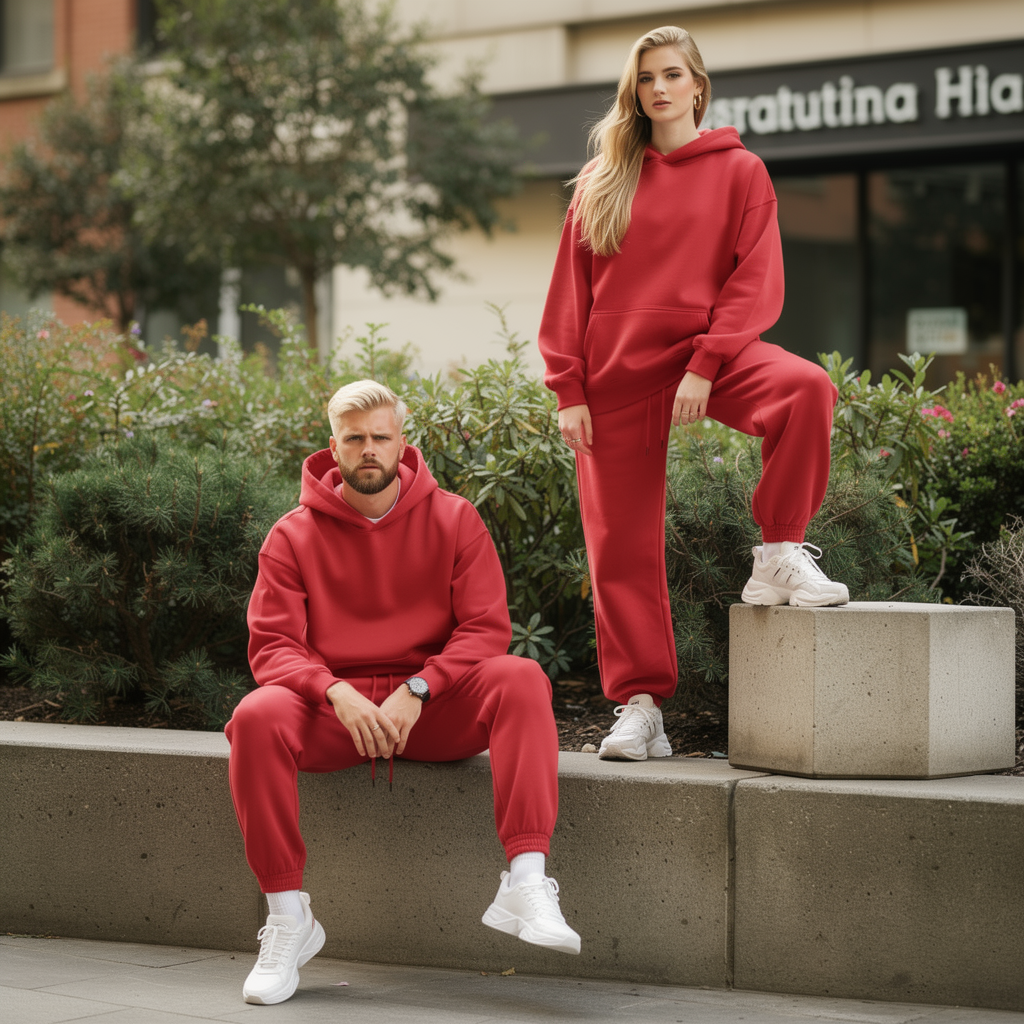 Übergroßes Hoodie- und Jogger-Set – Rouge Élégant