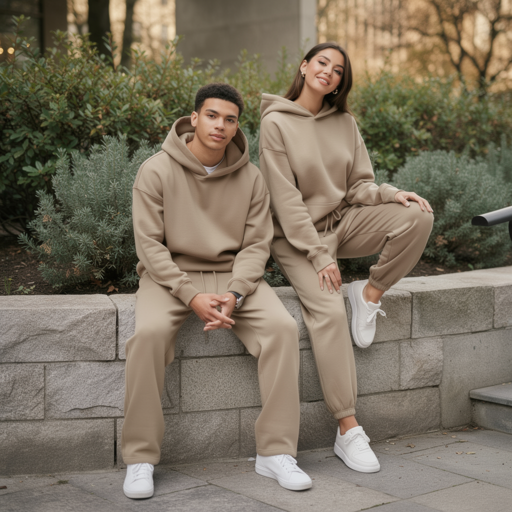 Übergroßes Hoodie- und Jogger-Set – Kaffee-Beige